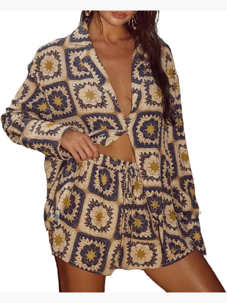 Women's 2 Piece Set Long Sleeve Button Down Shirt Shorts Beach Vacation Outfit
